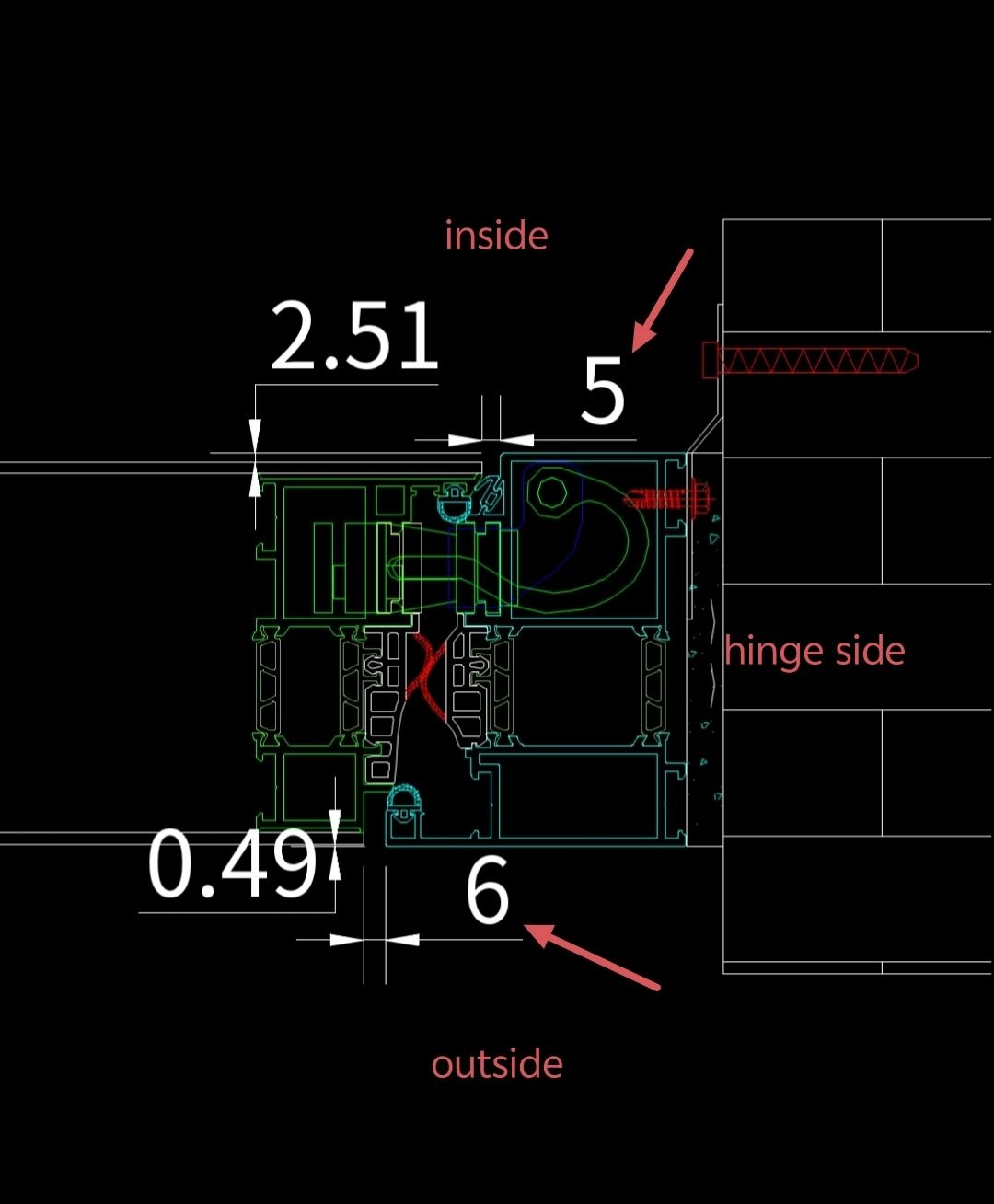 Hinge side: 5 mm interior, 6 mm exterior