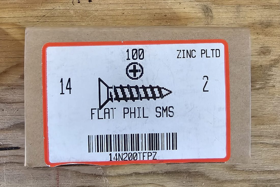 Box label for 100 zinc-plated flat-head Phillips sheet metal screws, size number 14 by 2 inches